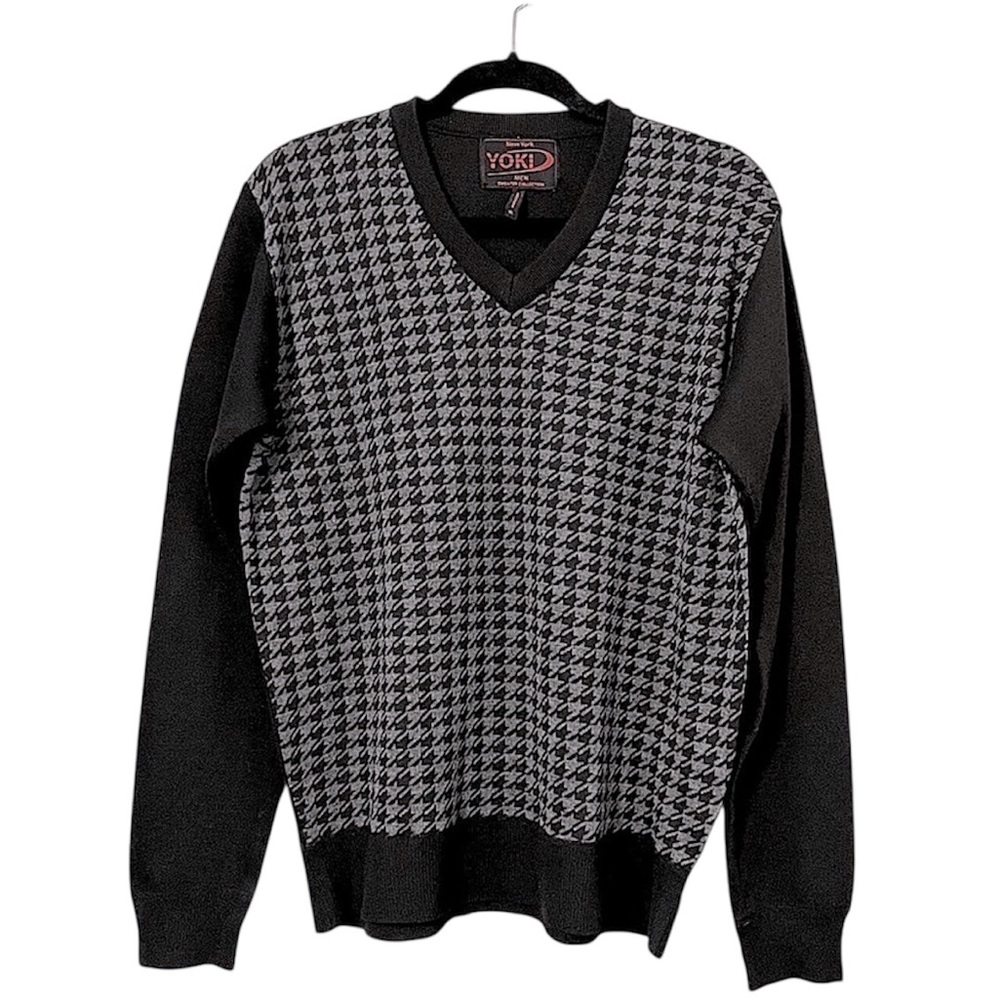 Yoki Black & Grey Neutral  Houndstooth V-Neck Long Sleeve Pullover Knit Sweater
